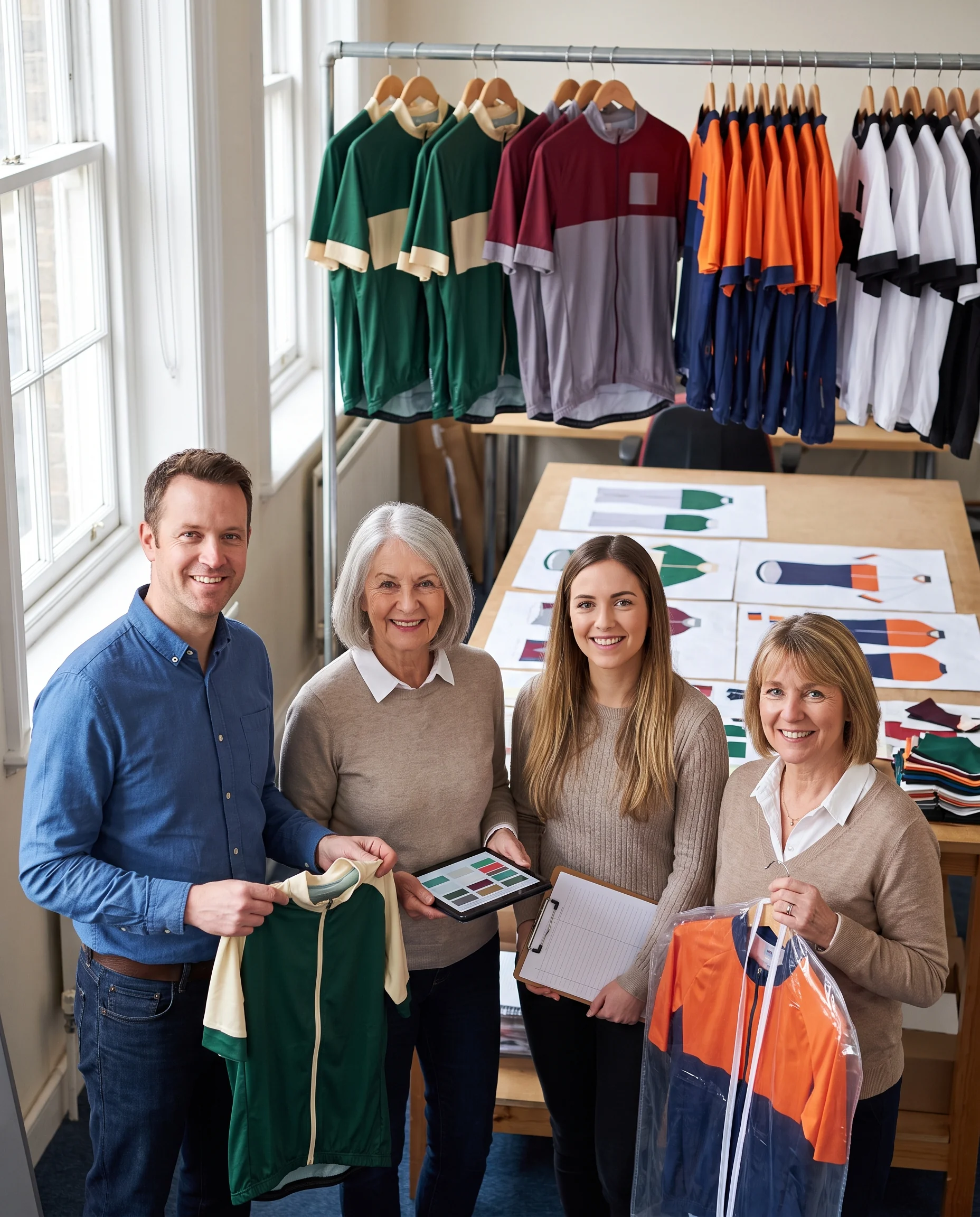 The four programme roles standing together in the programme workroom, with finished team kits on a rail behind them