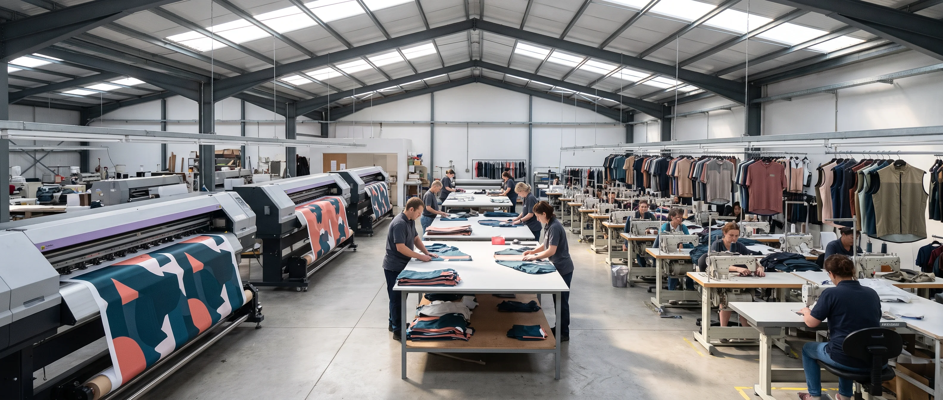 The cycling apparel factory floor under one roof, from sublimation printers through cutting tables to rows of sewing stations