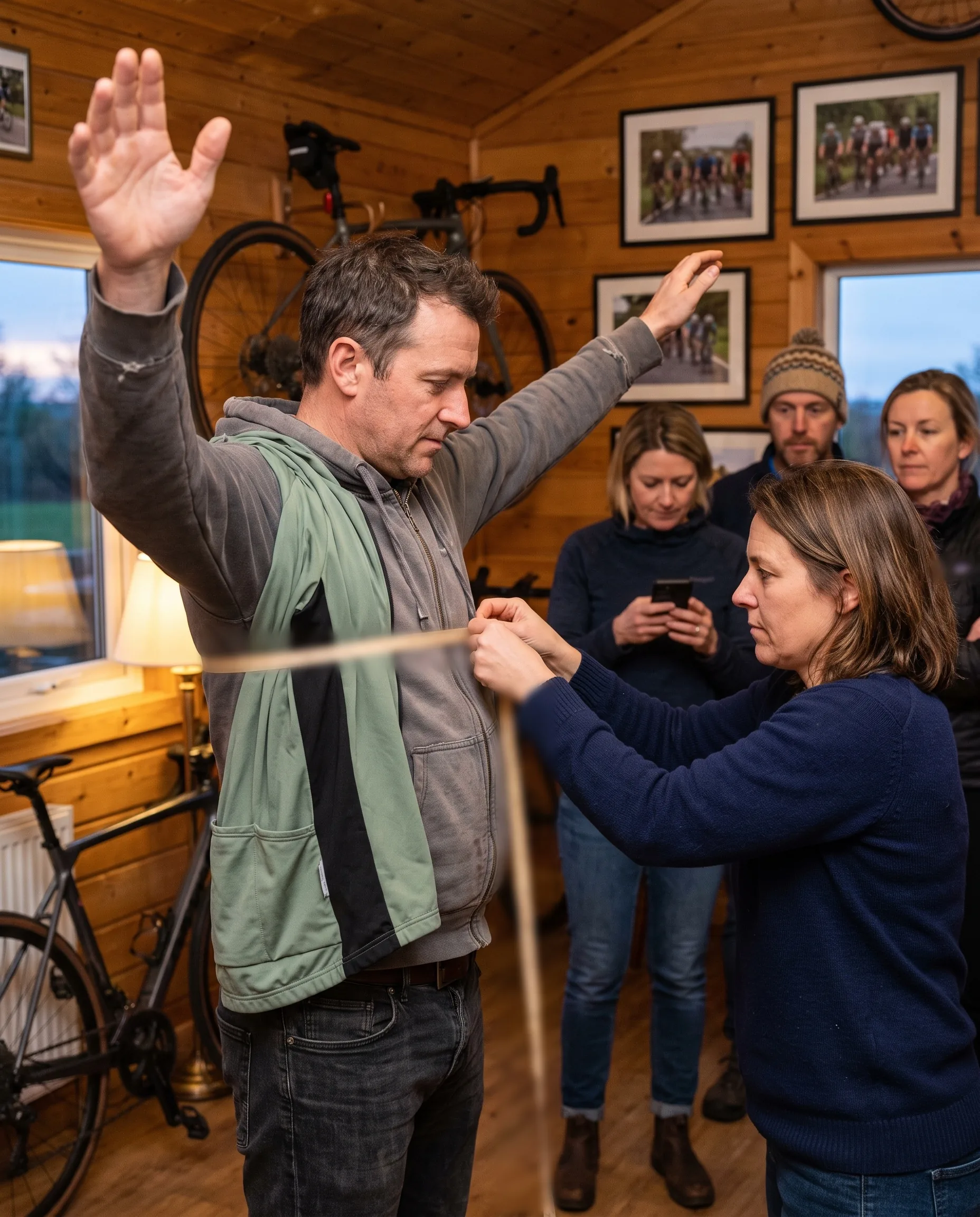 In a cycling clubhouse a rider holds his arms up while a teammate wraps a soft tape measure around his chest, other club members waiting their turn