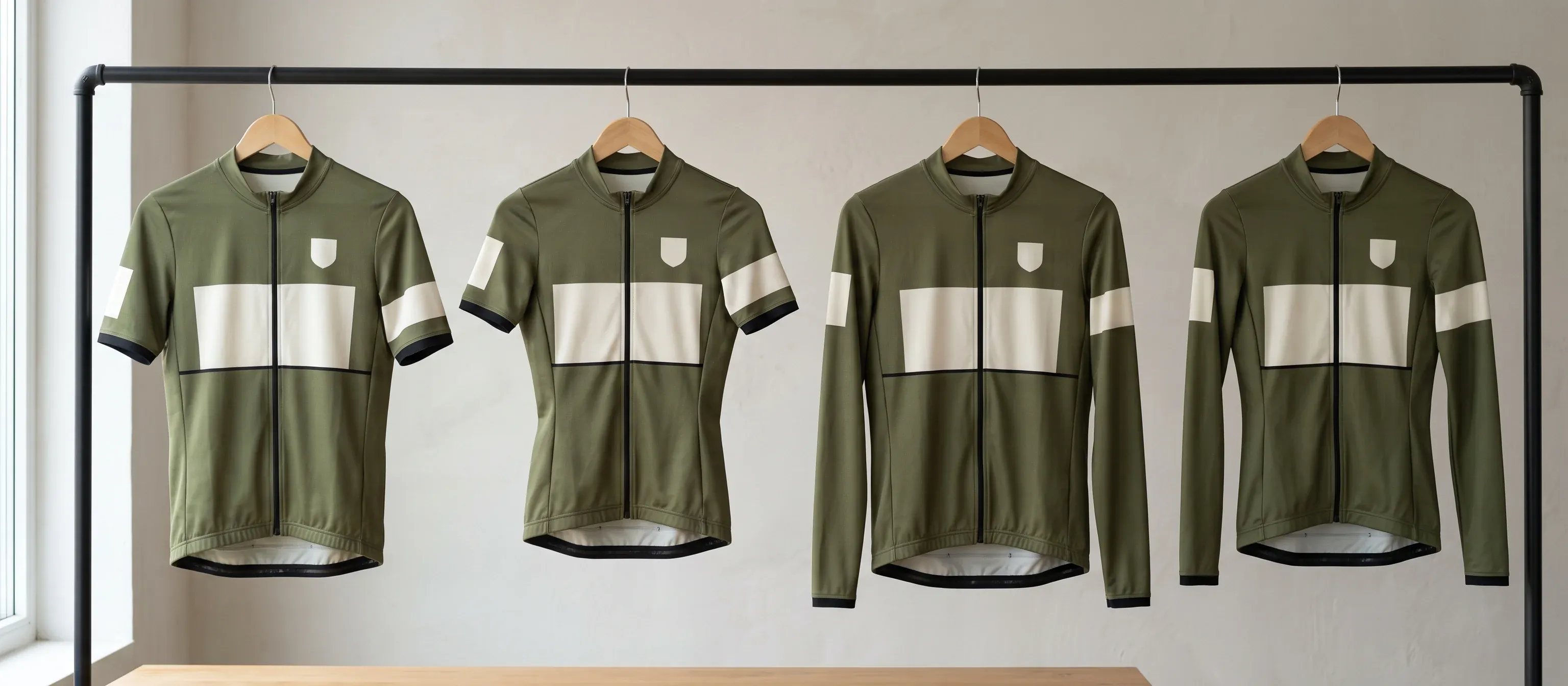 Men's and women's cuts in short and long sleeve hanging side by side from one layout