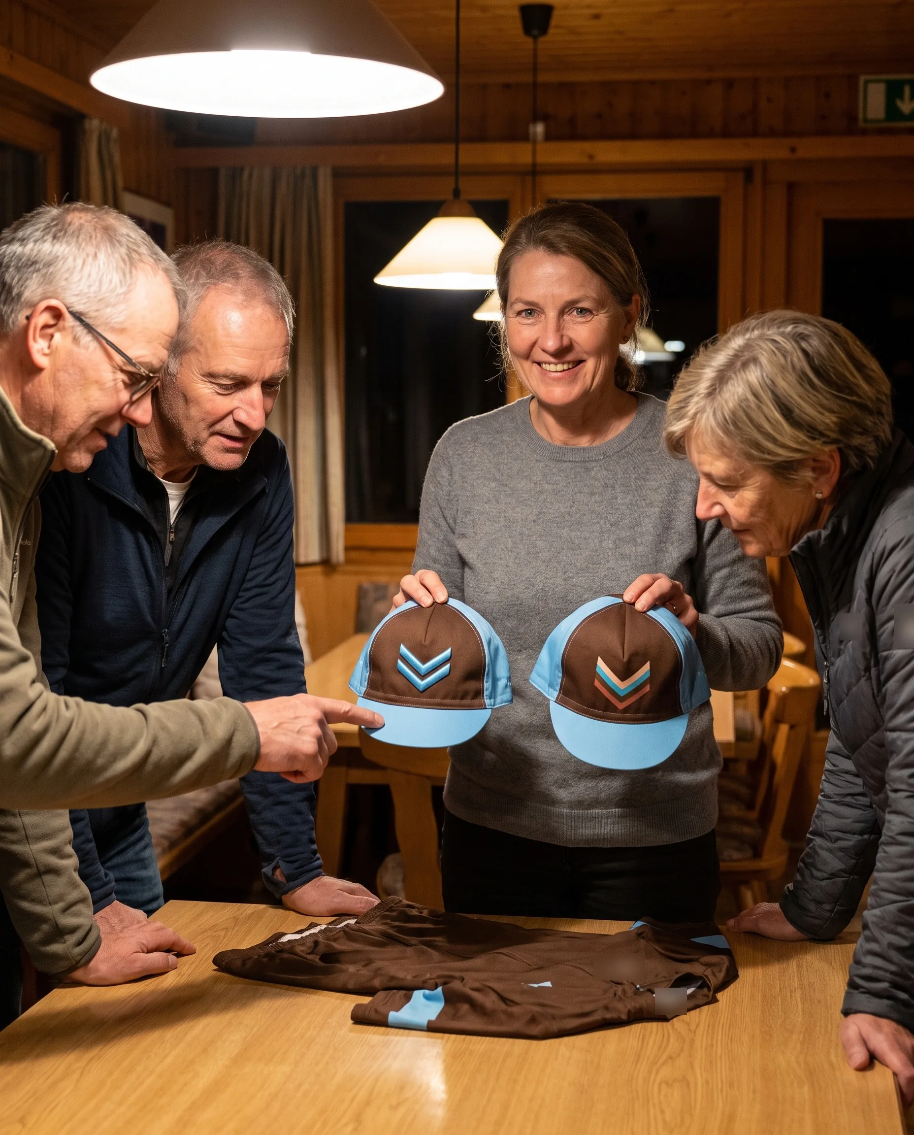 A kit secretary at club night holding up two team caps, one with an embroidered crest and one with the same crest sublimated