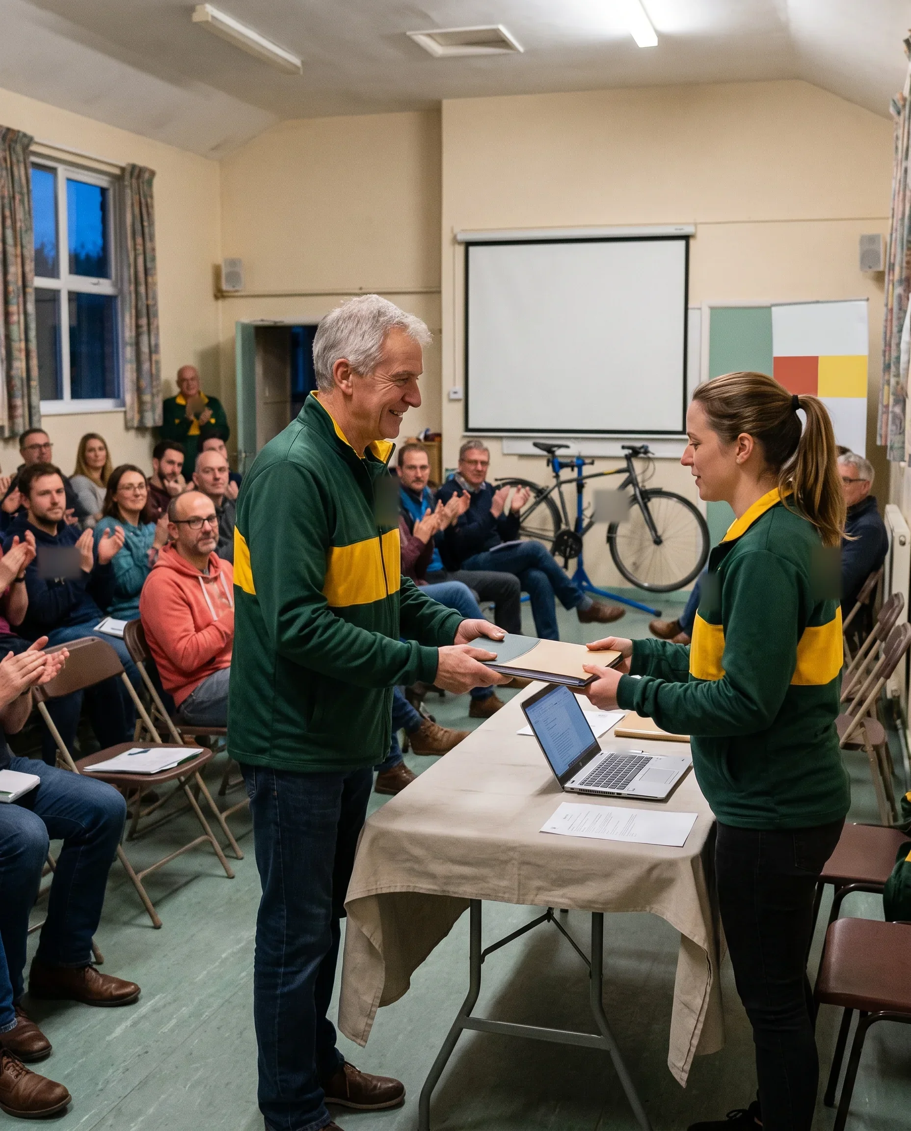 An outgoing kit secretary handing the team file over to the new one at a club AGM