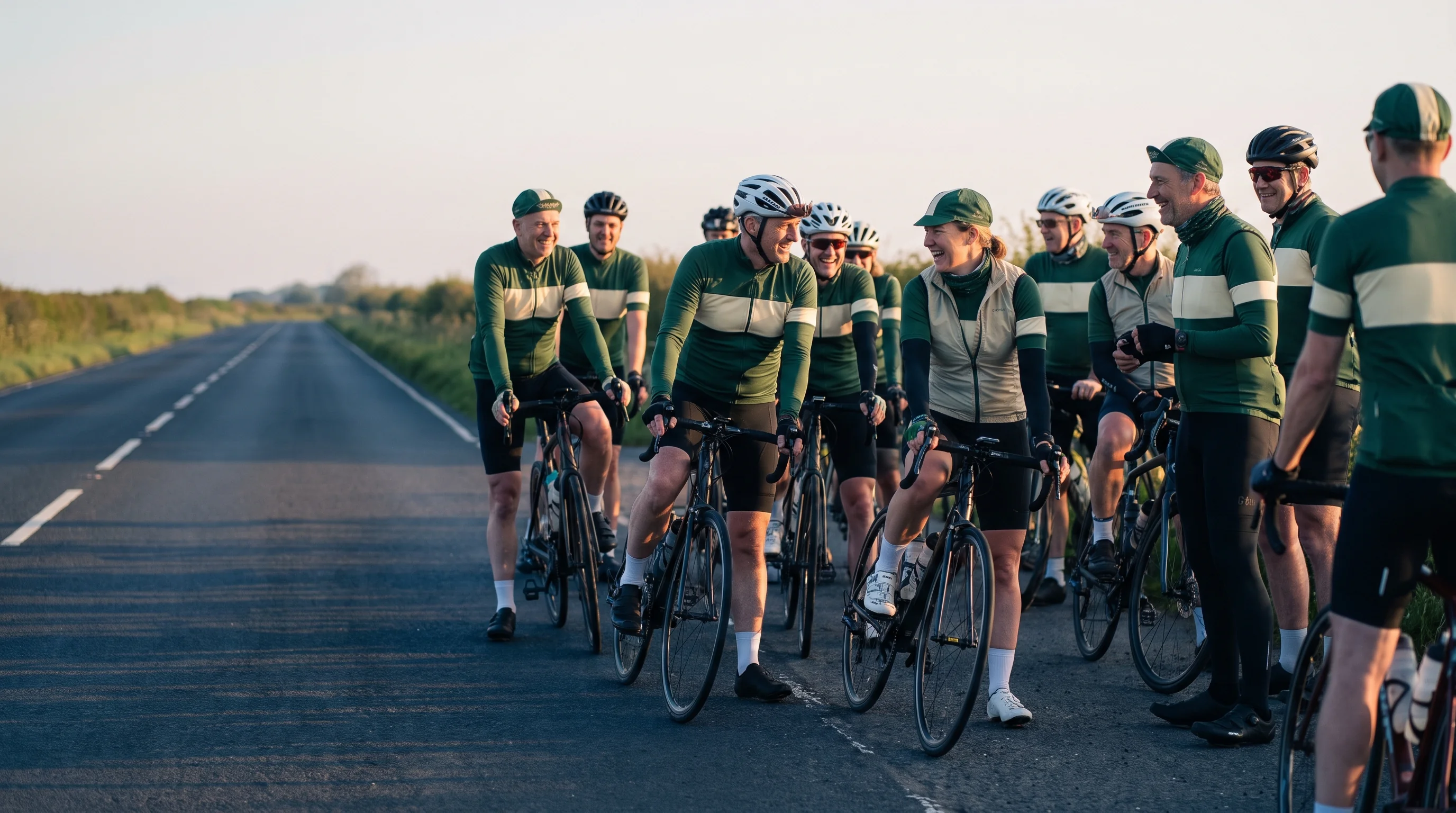 A cycling club gathered at the roadside before a ride, every rider wearing the same custom team kit