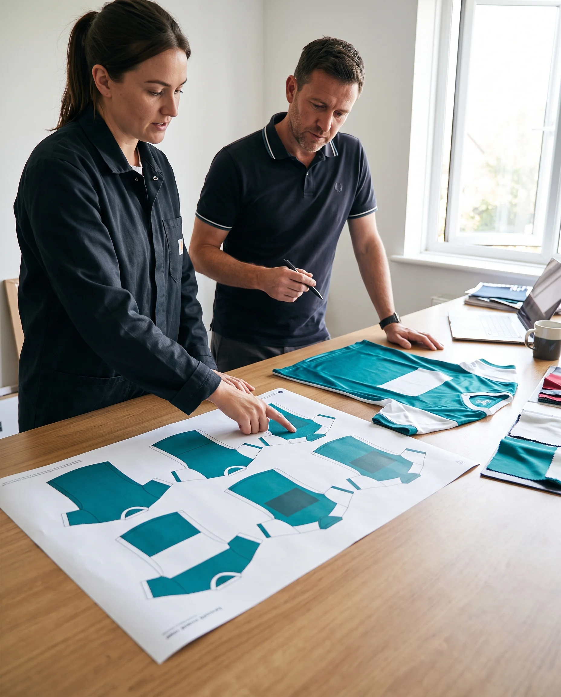 A kit designer and a club team manager comparing a printed layout sheet with a finished jersey at a worktable