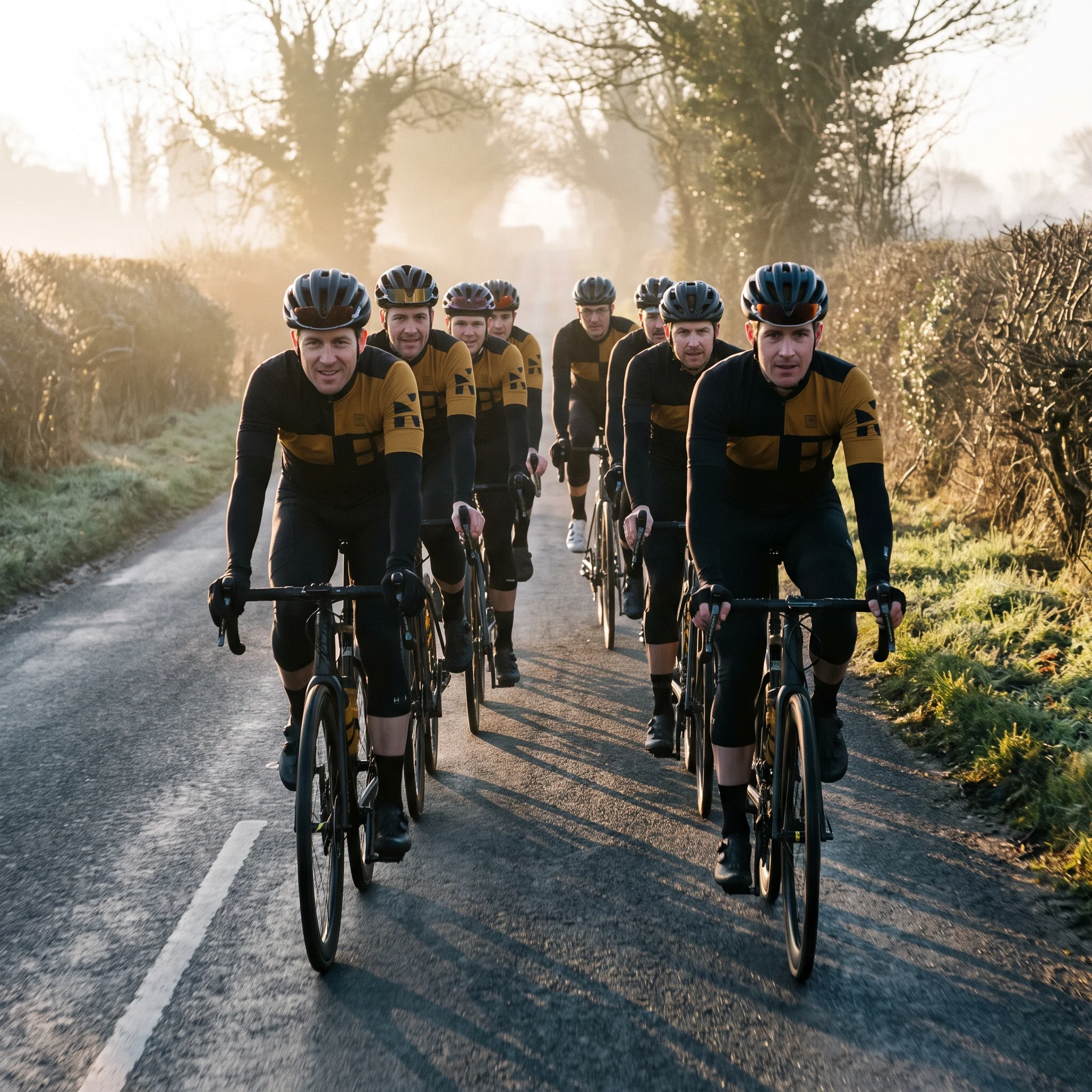 A club's first ride of the season, riders two abreast on a country road in brand-new matching kit