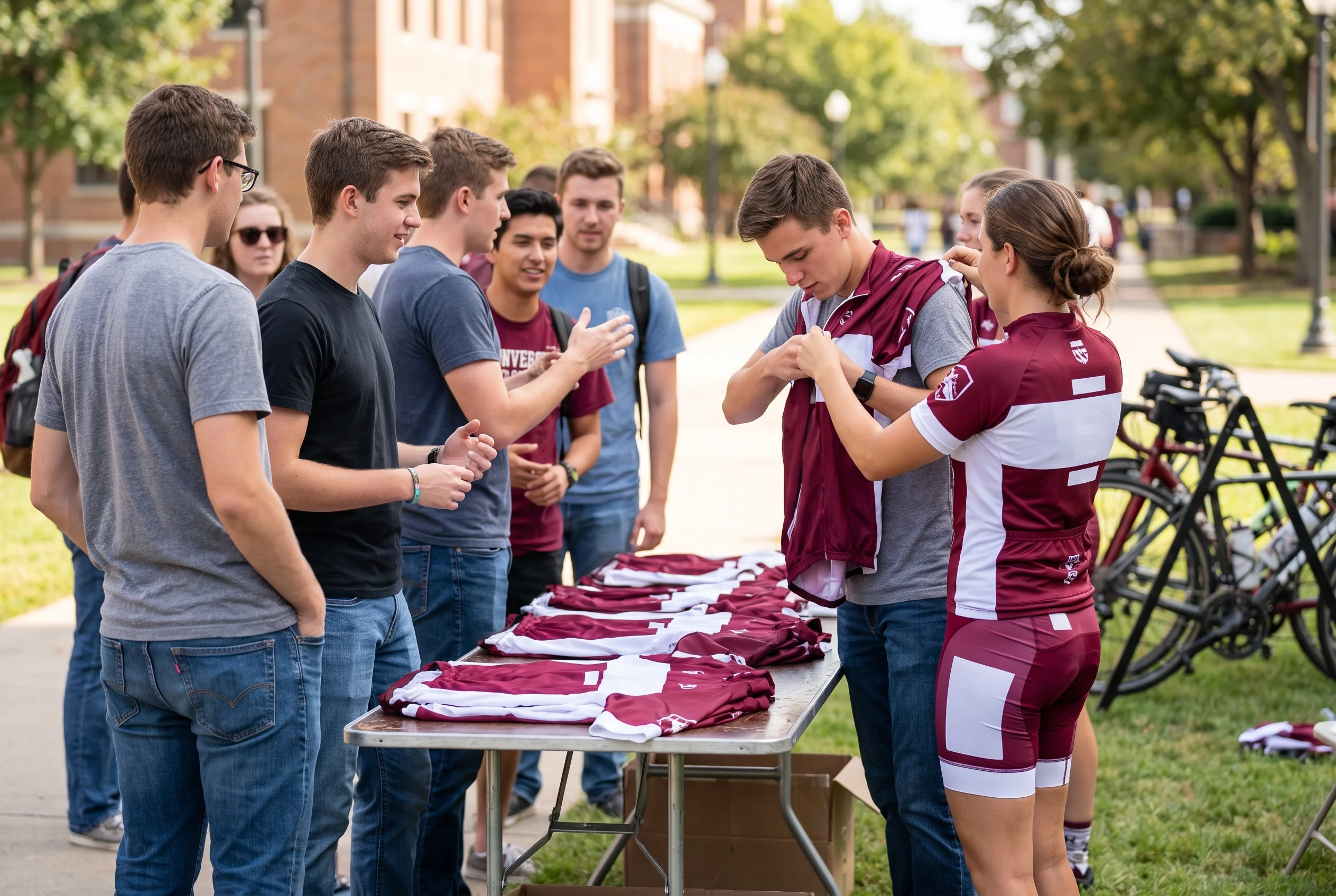 Illustrative scene of new university riders trying on sample team jerseys at an intake-week table on campus
