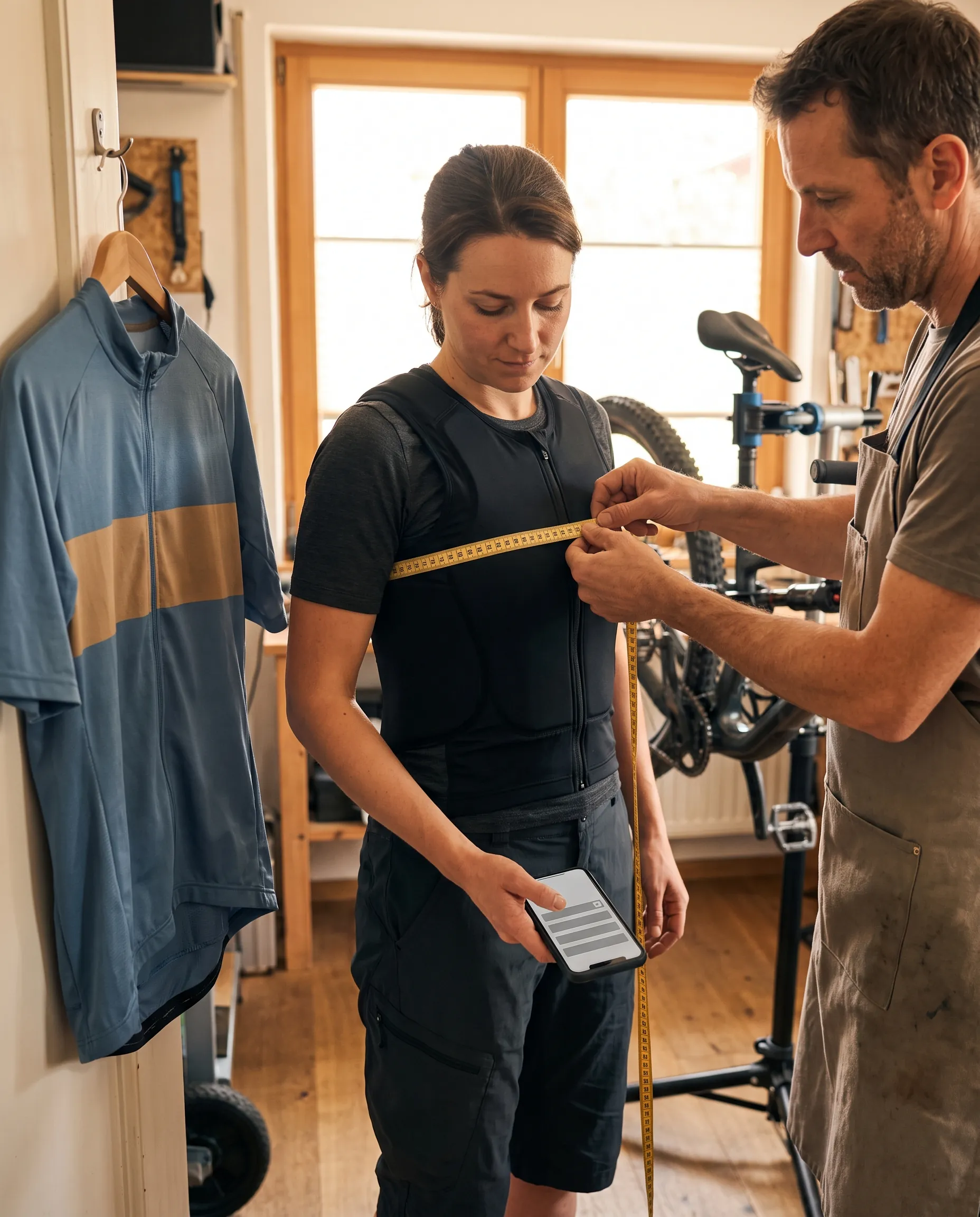 A teammate measuring a rider's chest with a soft tape over her race protection before she enters her figures