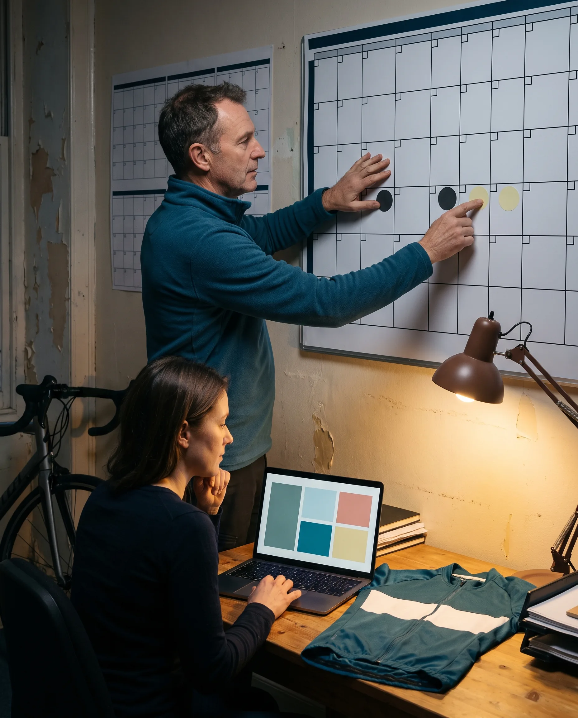 A team manager counting back on the wall planner from the marked race day to the roster lock