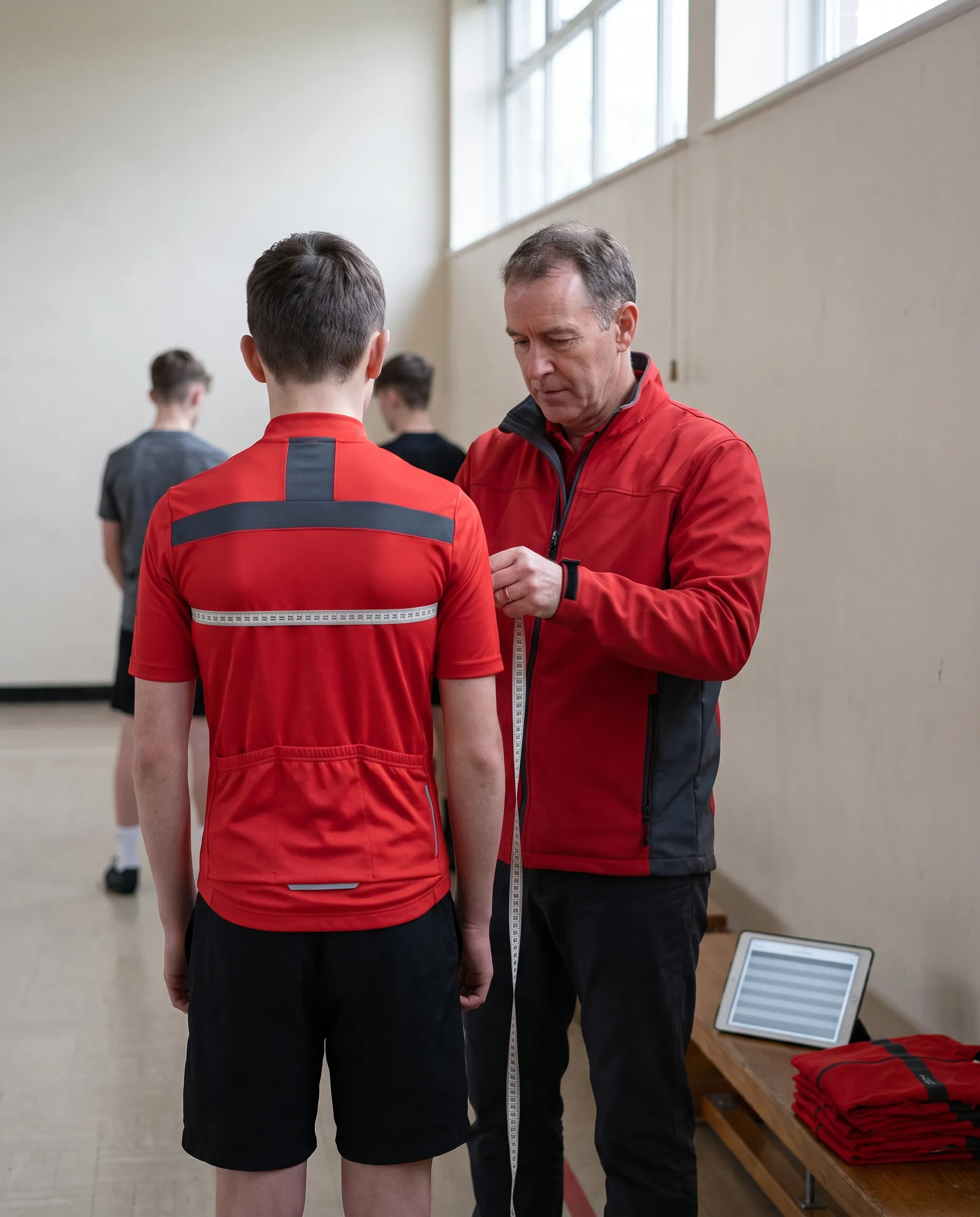 A teacher measures a returning school team rider, seen from behind, in a school sports hall at the start of the year