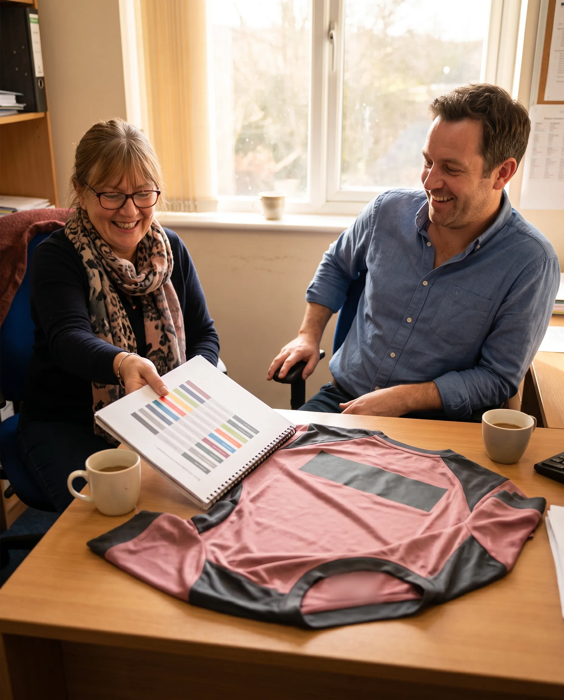 A club kit secretary hands a local business owner the season's sponsor record at a renewal meeting, a folded club jersey on the desk
