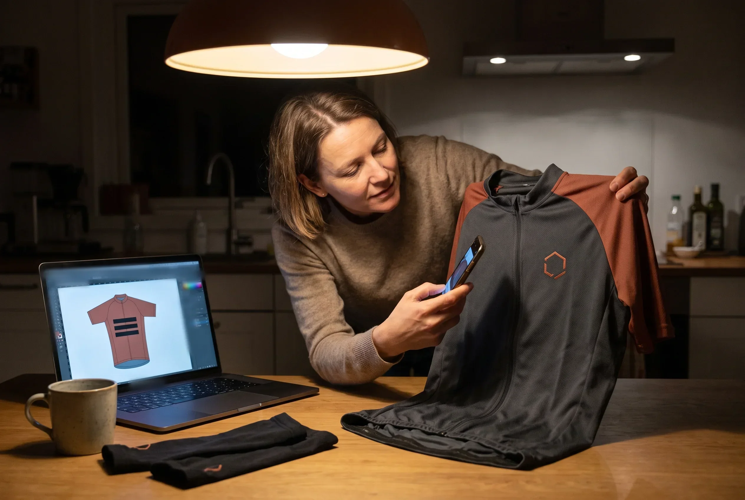 A club kit secretary at her kitchen table holding last season's jersey up to look at the embroidered crest, the only copy of the crest the team has