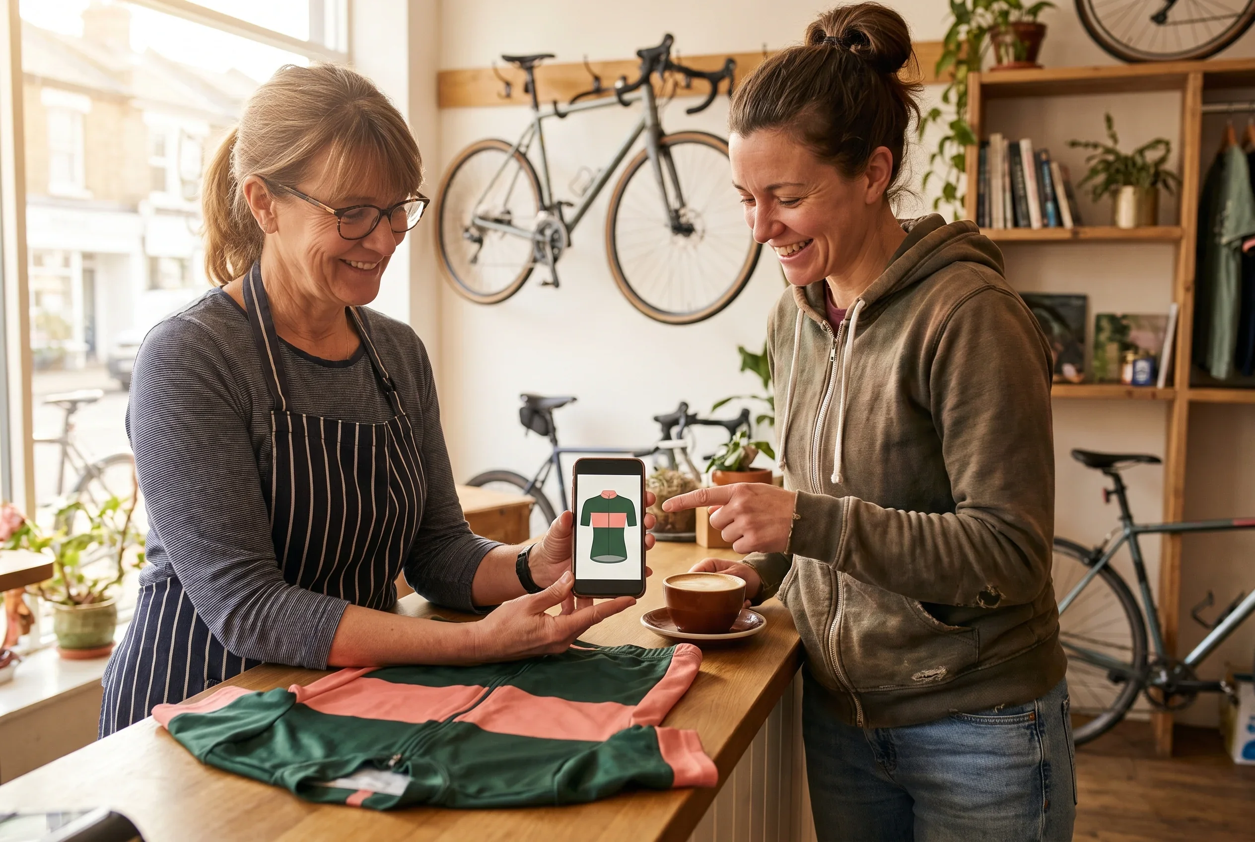 A bike café owner who sponsors a local club looking at the women's jersey page of the layout proof on her phone, a club rider pointing to the chest zone