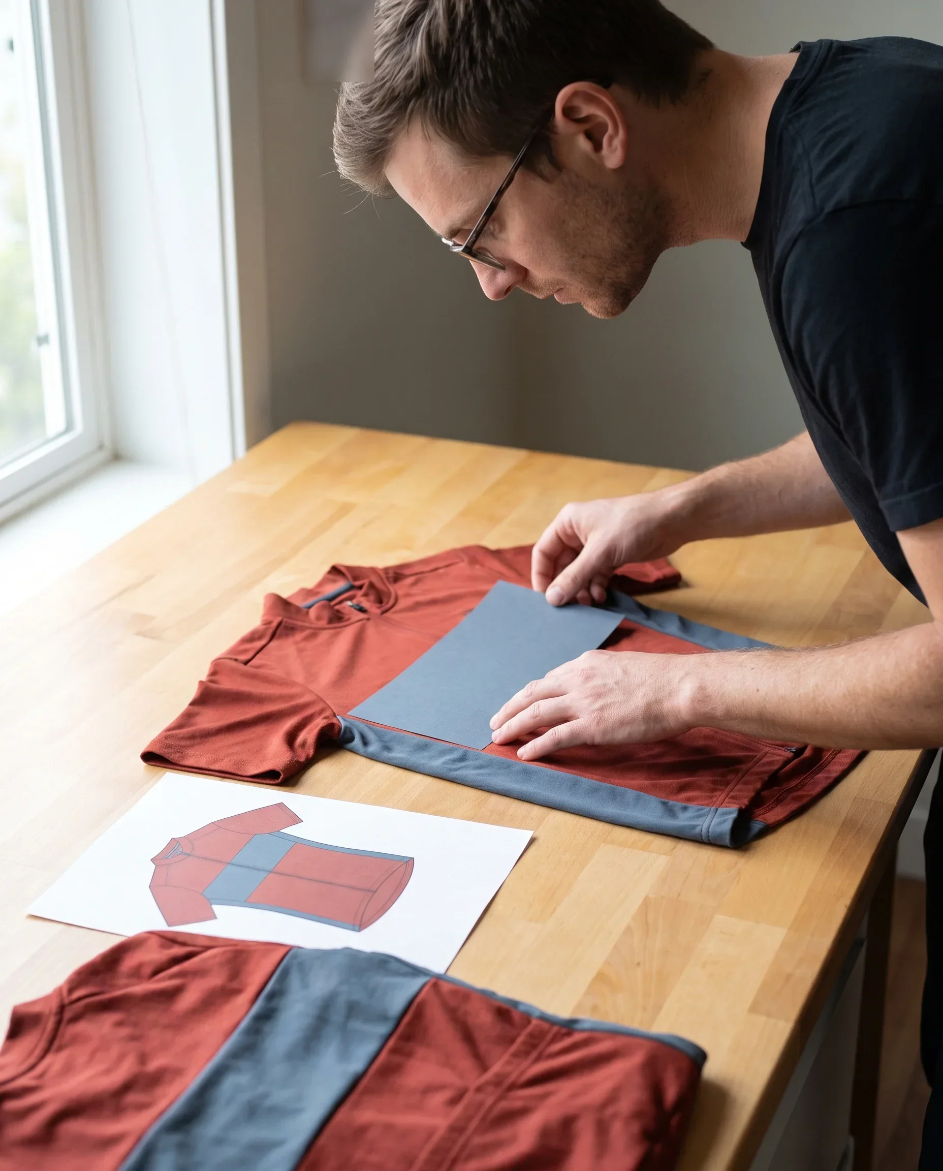 A kit layout designer laying a paper cut-out of a sponsor logo across the chest of an extra-small jersey, aligning it across the zip