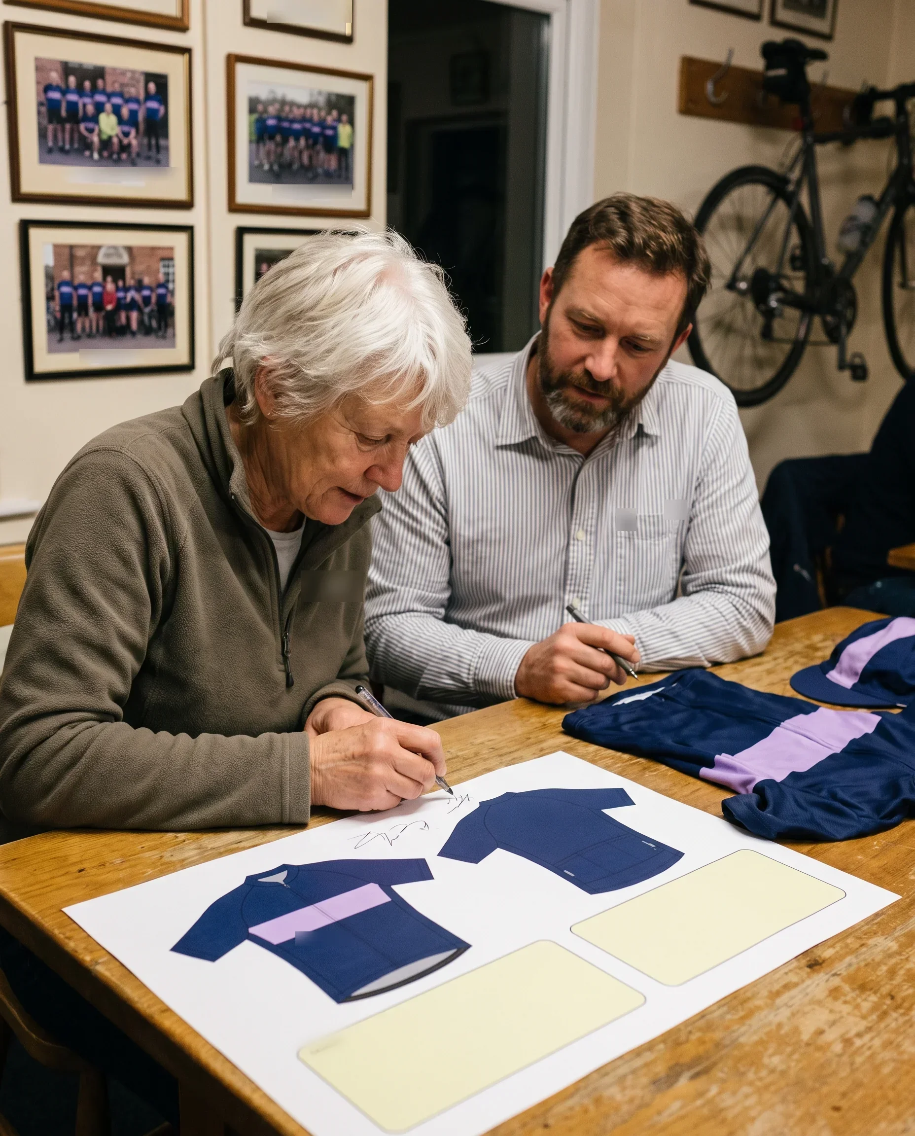 A club team manager signing the printed layout proof at the clubhouse table, the kit layout designer beside her waiting to sign next to her