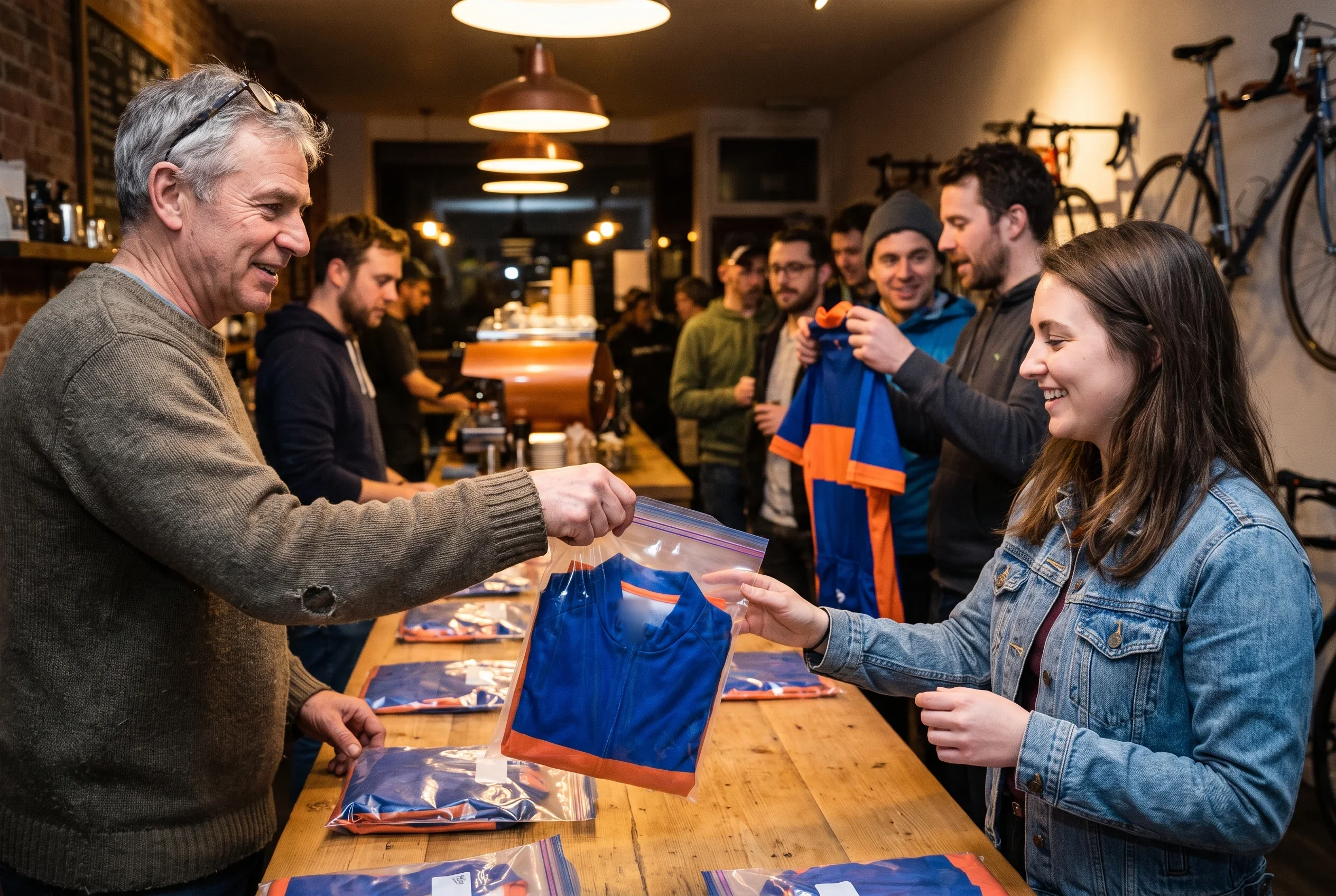 A club team manager handing out bags of reordered kit at a club night, each bag matched to a line on the packing list
