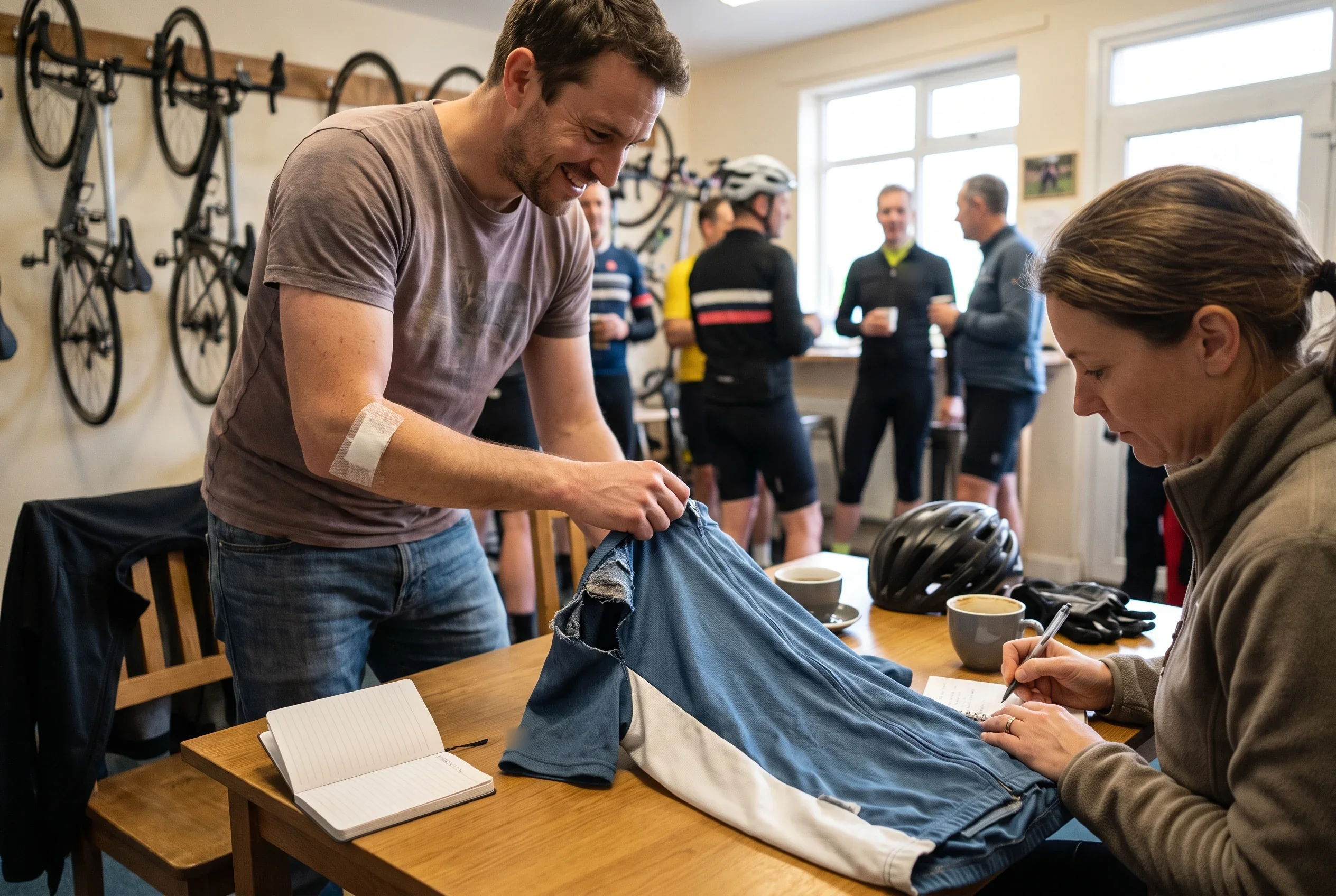 A rider with a dressing on his elbow handing a torn club jersey to the team manager at the clubhouse, who notes it for the next ordering window
